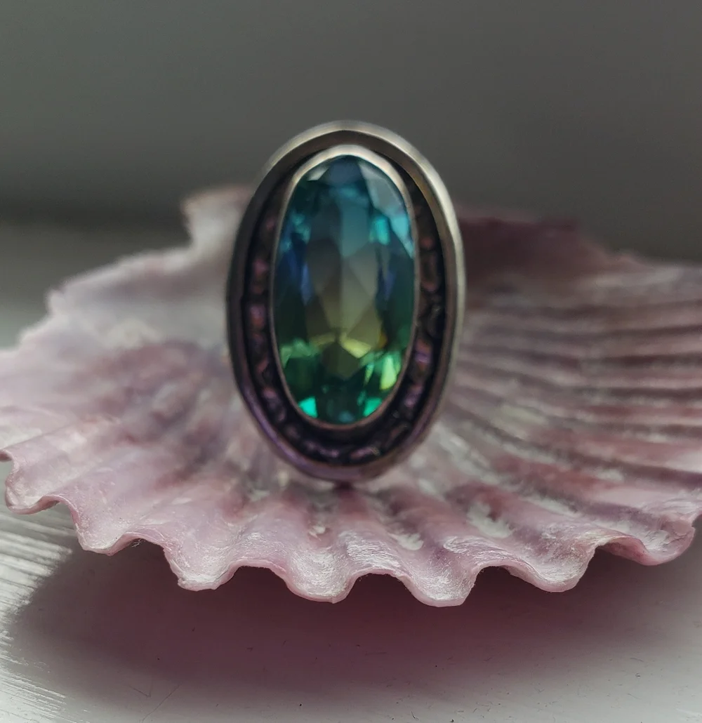 Nwot Tourmaline Blue/green Ring 925 Stamped, Nice Silver, Sz 6 Spectacular Color